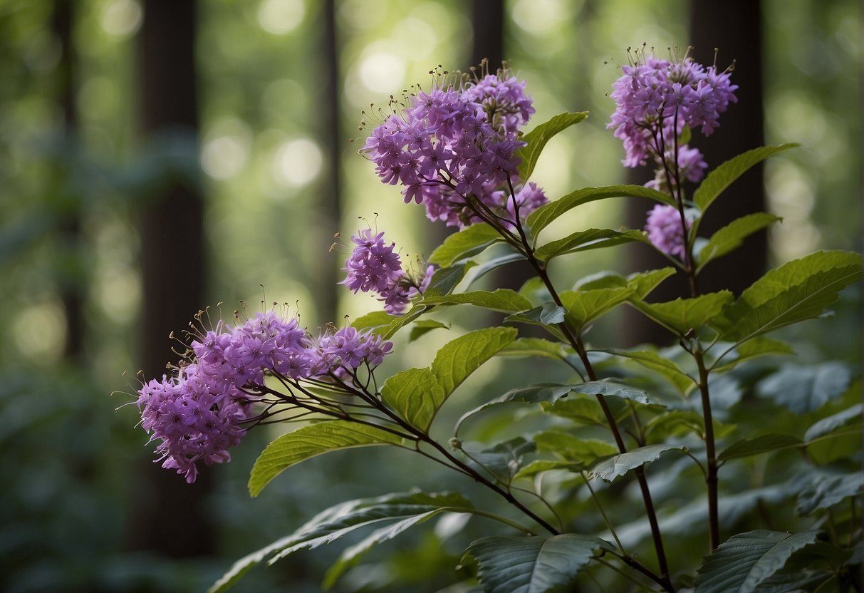 A purple flowering tree stands tall in an Indiana forest, providing essential ecosystem services and contributing to the environmental impact of the area