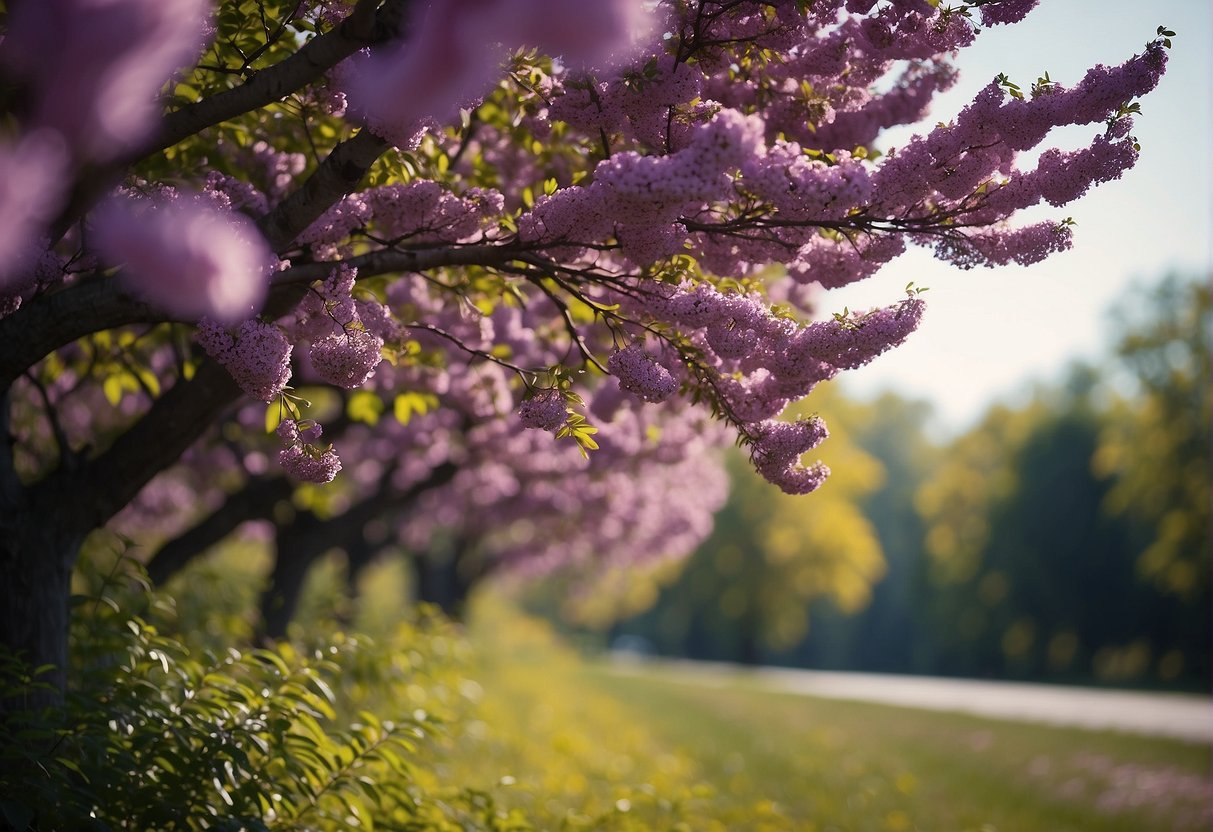 A vibrant purple flowering tree stands tall in a lush Indiana landscape, its branches adorned with clusters of delicate blossoms
