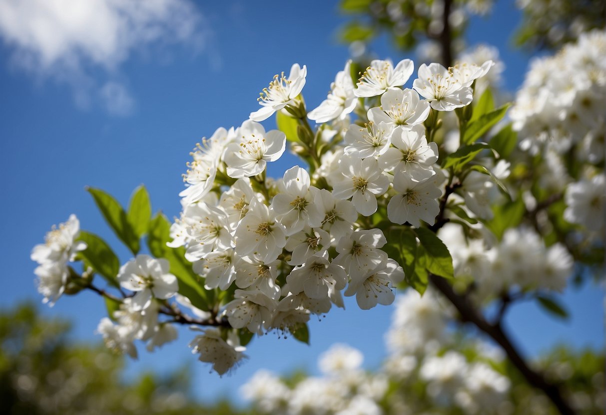 White flowering trees in Florida bloom against a clear blue sky, with lush green foliage and a serene natural setting