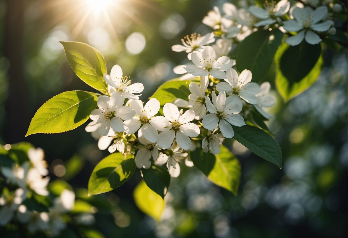 Sunlight filters through the lush foliage, illuminating the delicate white blossoms of the trees. A gentle breeze rustles the leaves, carrying the sweet scent of the flowers through the air