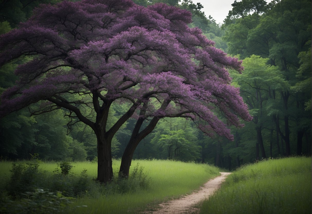 Vibrant purple trees stand tall against a backdrop of lush green foliage in the Arkansas wilderness. The unique color of the trees adds a striking contrast to the natural landscape