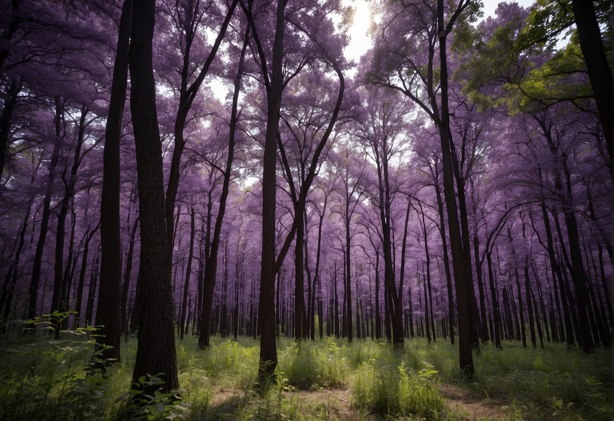 Vibrant purple trees stand tall in an Arkansas forest, showcasing the beauty of conservation and the positive environmental impact