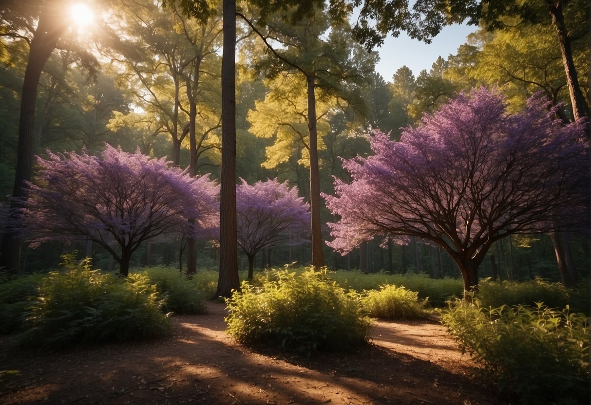 Purple trees stand tall in an Arkansas forest, bathed in golden sunlight. Careful hands tend to the vibrant foliage, surrounded by lush greenery