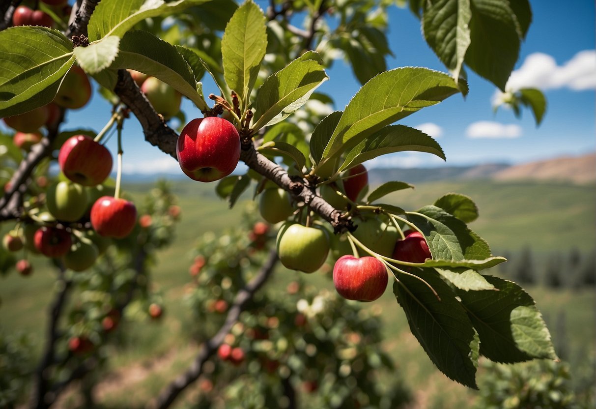 Lush apple and cherry trees thrive in Wyoming's fertile soil. Bright green leaves and vibrant red fruit adorn the branches, set against a backdrop of rolling hills and clear blue skies