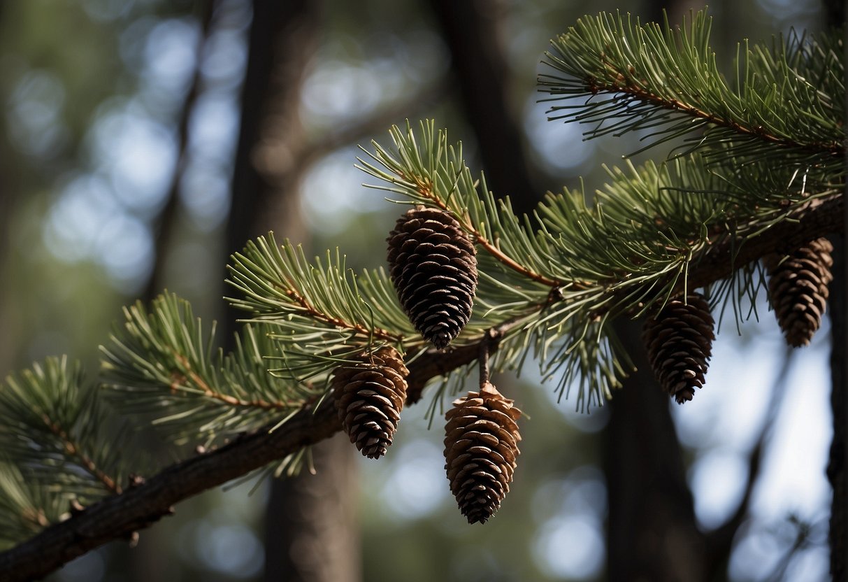 Tall, slender pine trees with long, needle-like leaves. Bark is dark and rough. Cones hang from branches. Background shows dry, hilly terrain