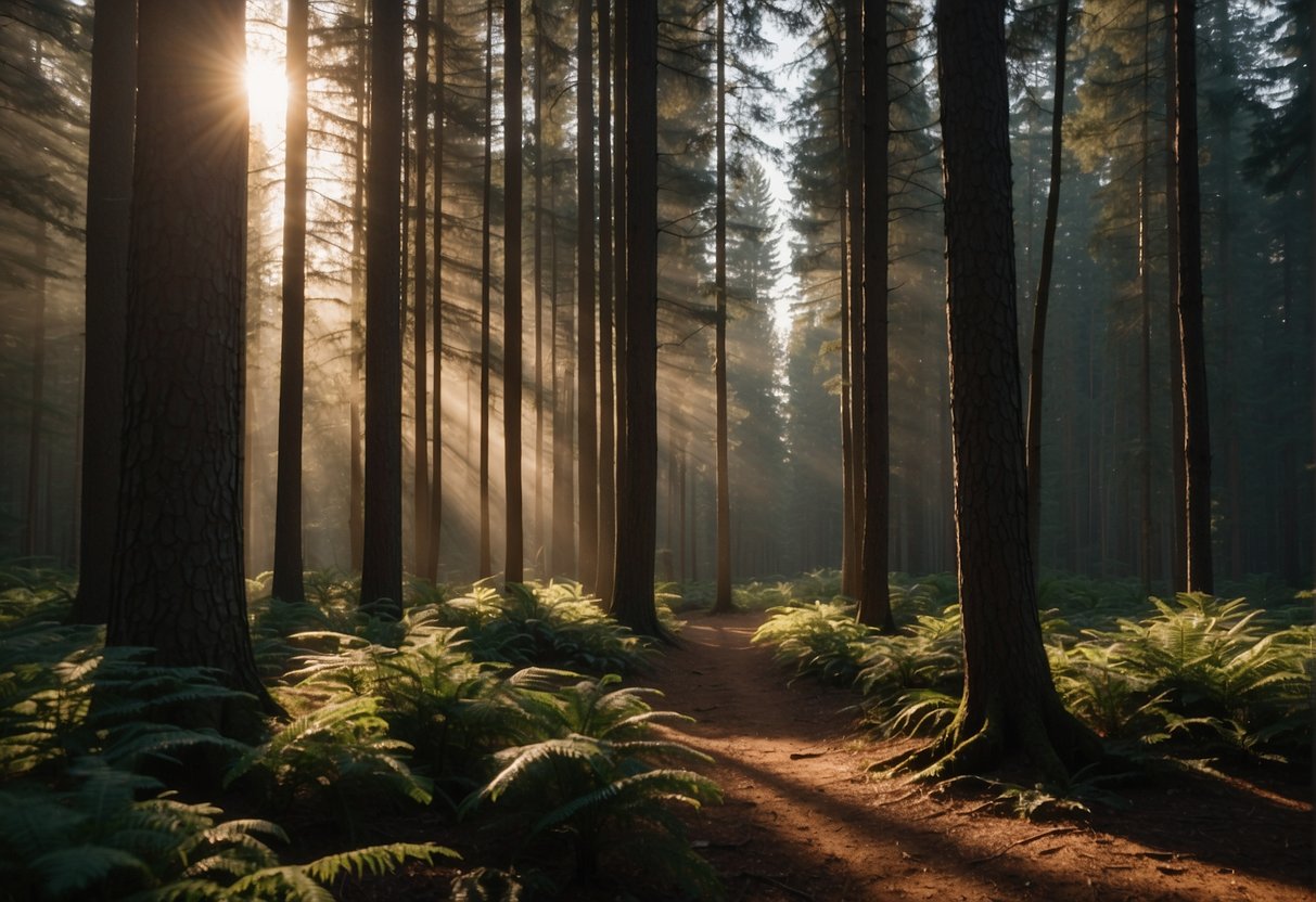 Sunlight filters through dense pine trees, illuminating the forest floor. A variety of wildlife coexists among the towering trees, while humans carefully manage the area for conservation and sustainable use