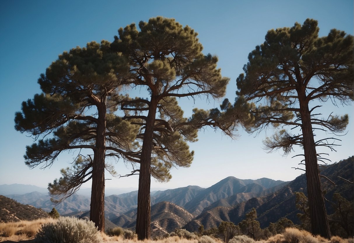 Southern California pine trees cover the rugged landscape, their tall trunks and distinct needles standing out against the blue sky