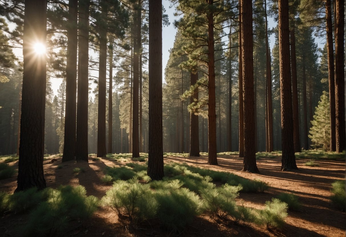 Sunlight filters through the tall Southern California pine trees, casting dappled shadows on the forest floor. The trees stand tall and straight, their green needles reaching towards the sky