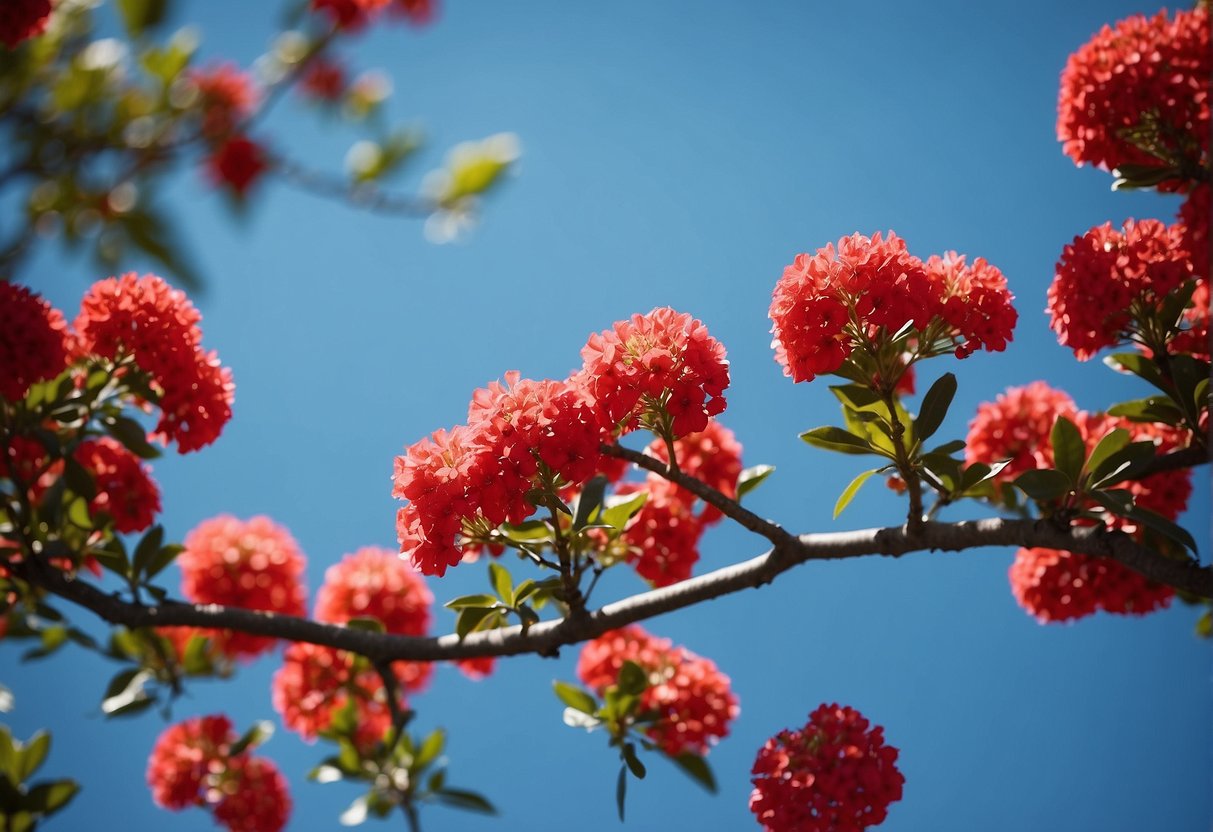 Florida trees bloom with vibrant red flowers, standing tall against a clear blue sky