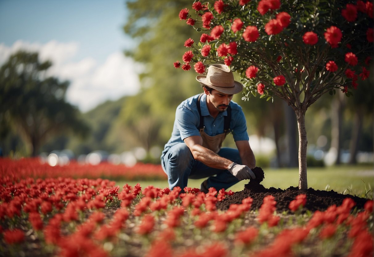 A person planting a red-flowered tree in a Florida landscape