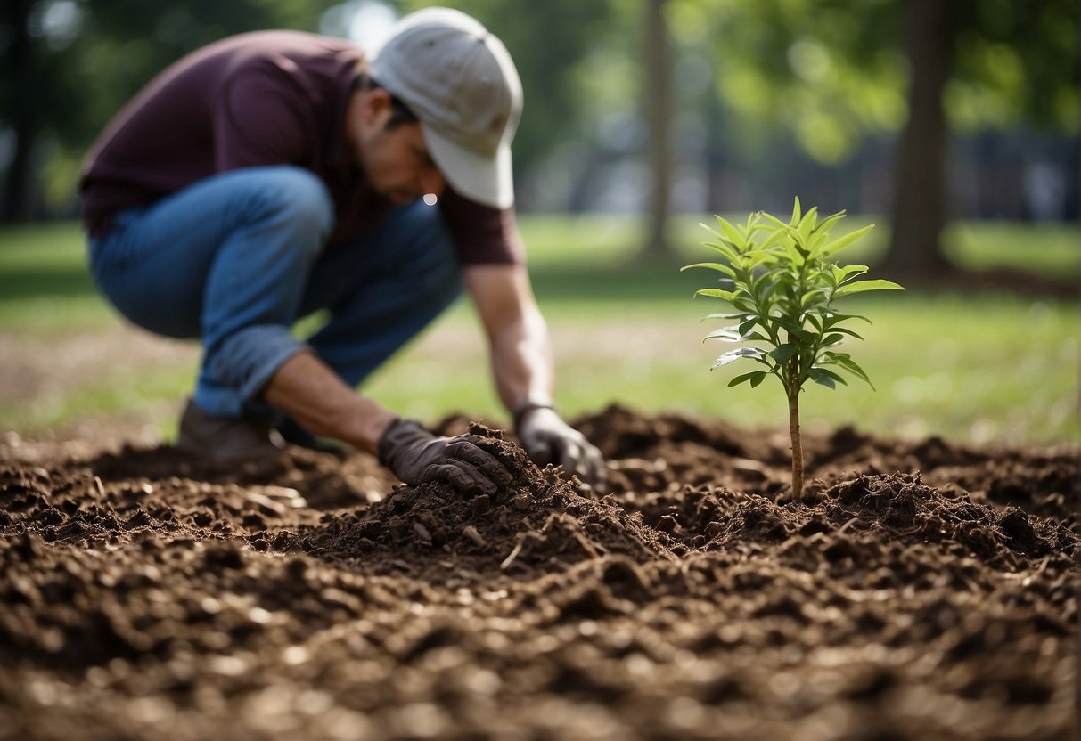 A person digs a hole, plants a sapling, and waters it. They then mulch around the base of the tree to retain moisture and prevent weeds