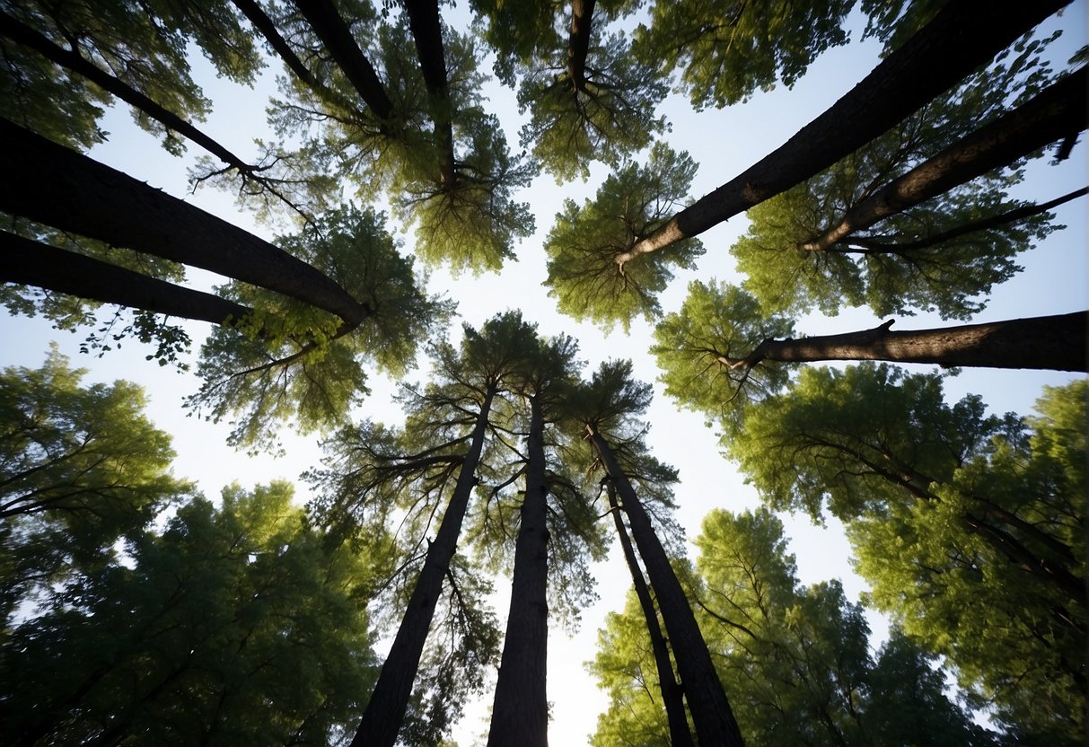 Tall trees shooting up in Indiana, their branches reaching for the sky, showing rapid growth