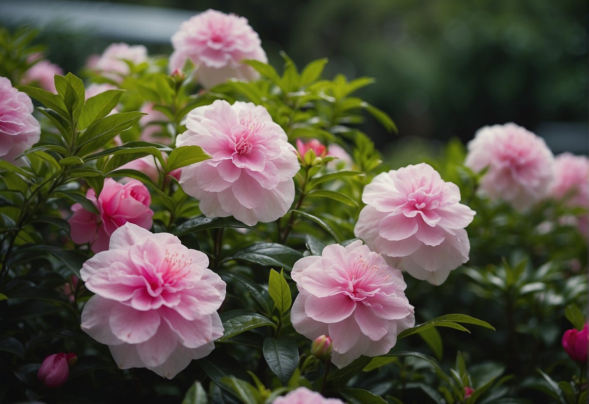 Charlotte, NC is in plant zone 7b. Illustrate a garden with a variety of plants suited for this zone, including azaleas, camellias, and Japanese maples