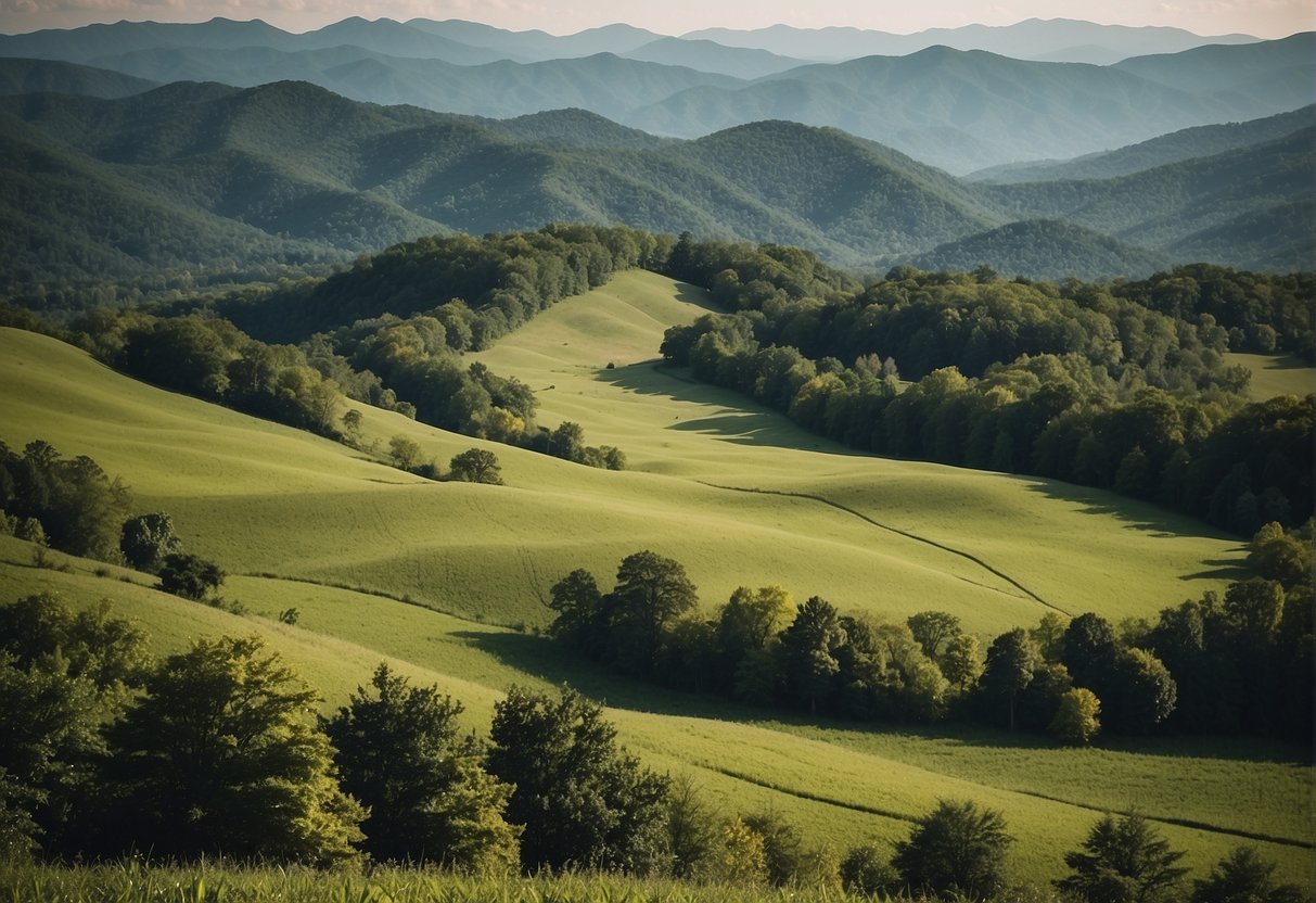 Rolling hills and lush greenery define East Tennessee, with the Great Smoky Mountains towering in the distance. The landscape is dotted with charming towns and winding rivers