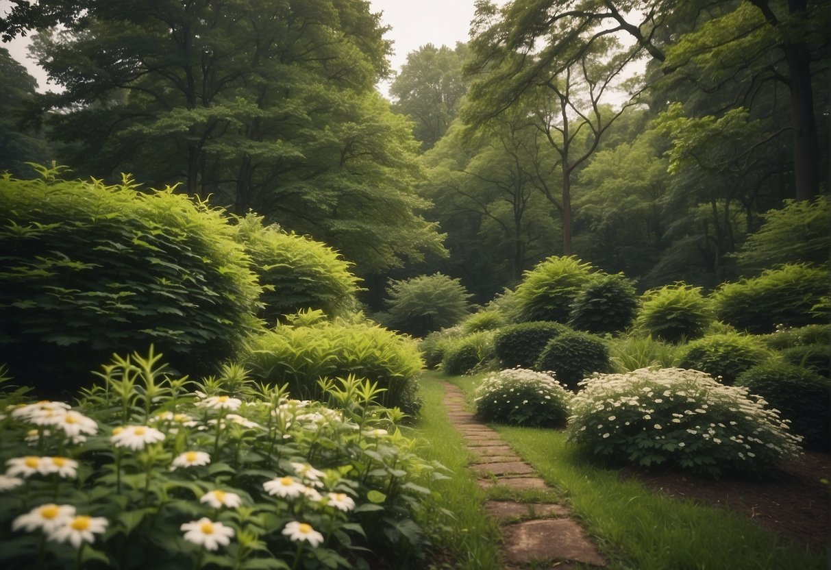 Lush green garden in East Tennessee, with blooming flowers and tall trees