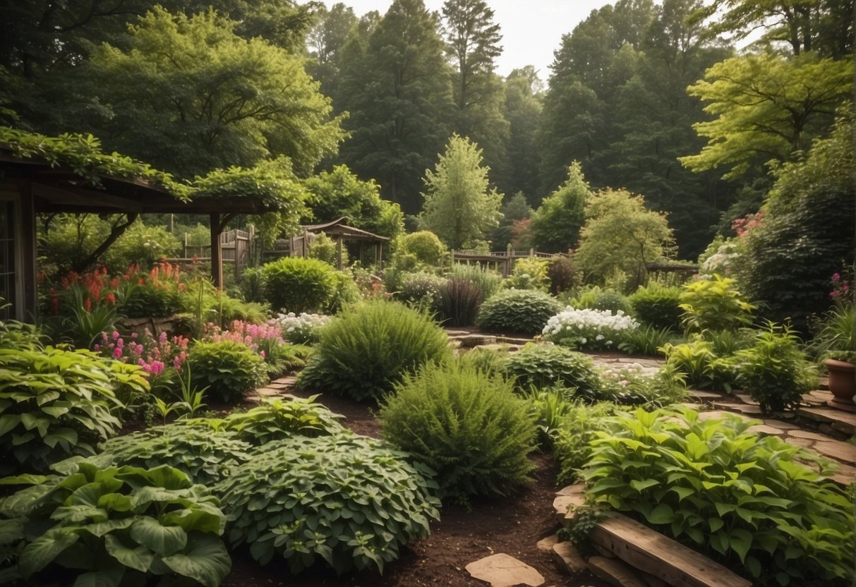 A lush garden in East Tennessee, with diverse plants thriving in different zones. Tips for successful gardening are displayed nearby