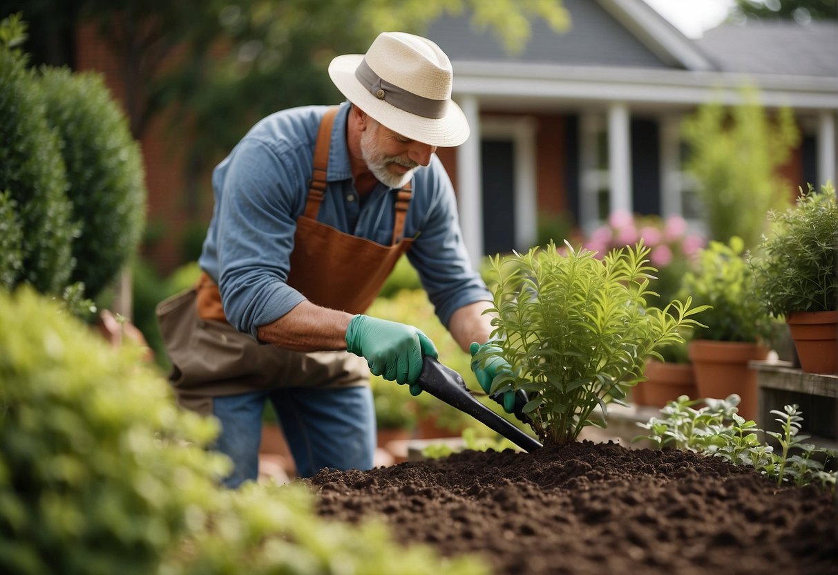 A gardener tends to plants in a Charlotte, NC garden, checking soil, watering, and pruning