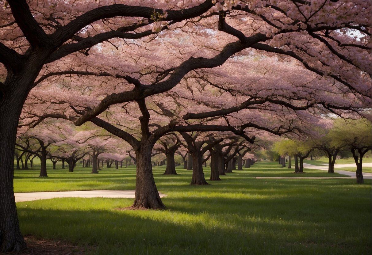 Lush Texas landscape features blooming pink-flowered trees