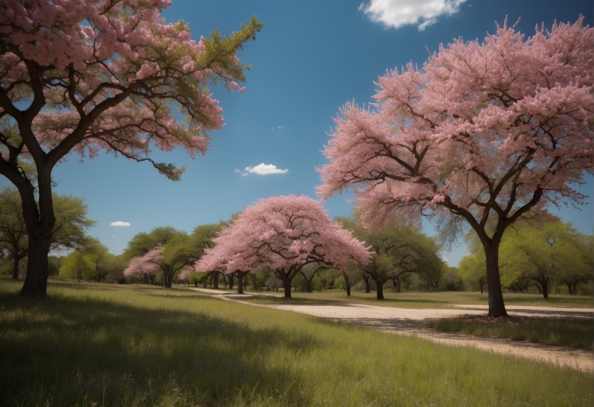 Pink flowering trees dot the Texas landscape, their delicate blooms creating a stunning contrast against the greenery