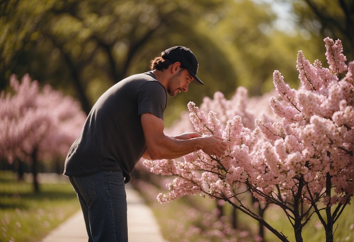 A person carefully chooses a pink flowering tree from a row of blooming trees in a Texas garden