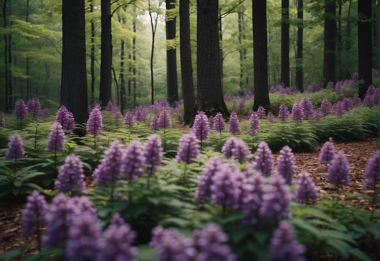 Tall trees with purple blooms in a Tennessee forest