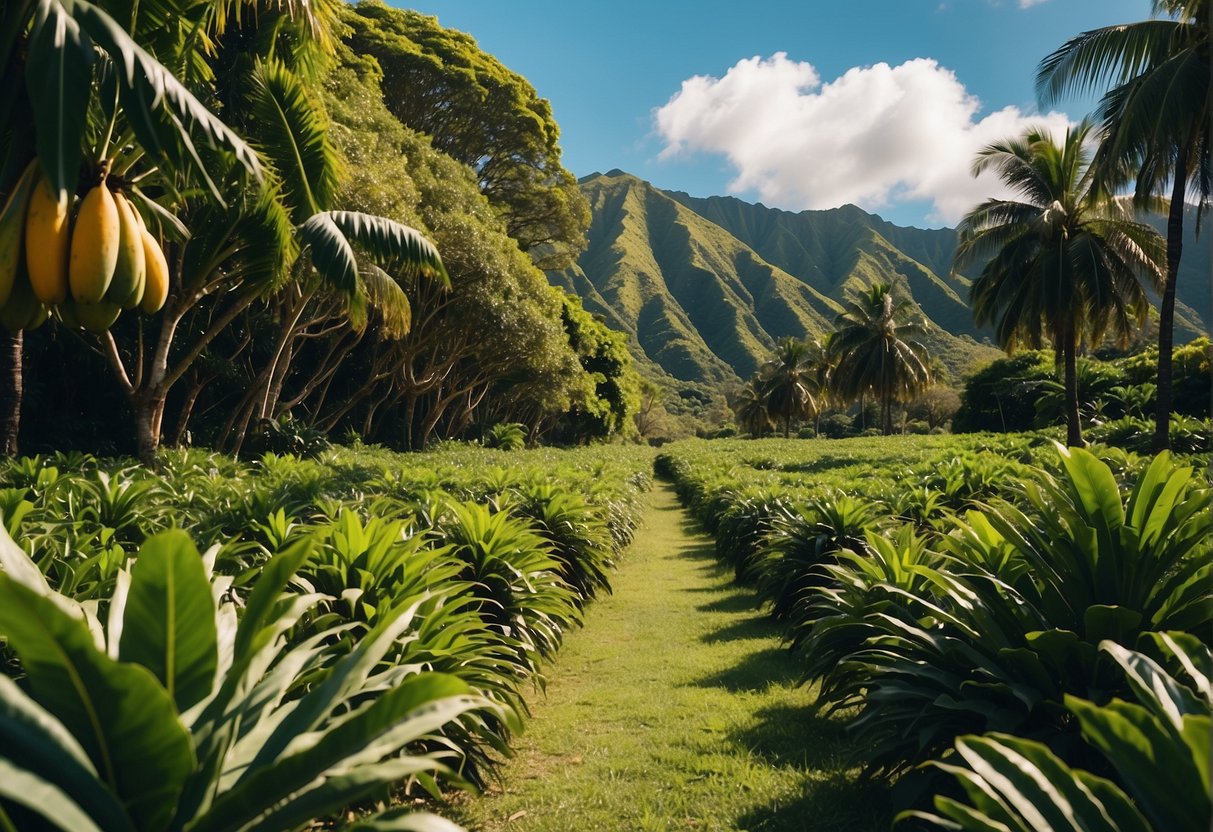 Lush green landscape with mango, papaya, and pineapple trees under a bright blue sky in Hawaii
