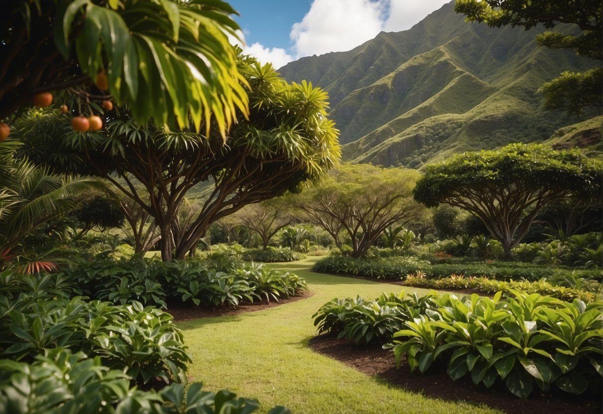 Lush Hawaiian landscape with a variety of fruit trees, each labeled for easy identification. The trees are well cared for, with healthy foliage and abundant fruit