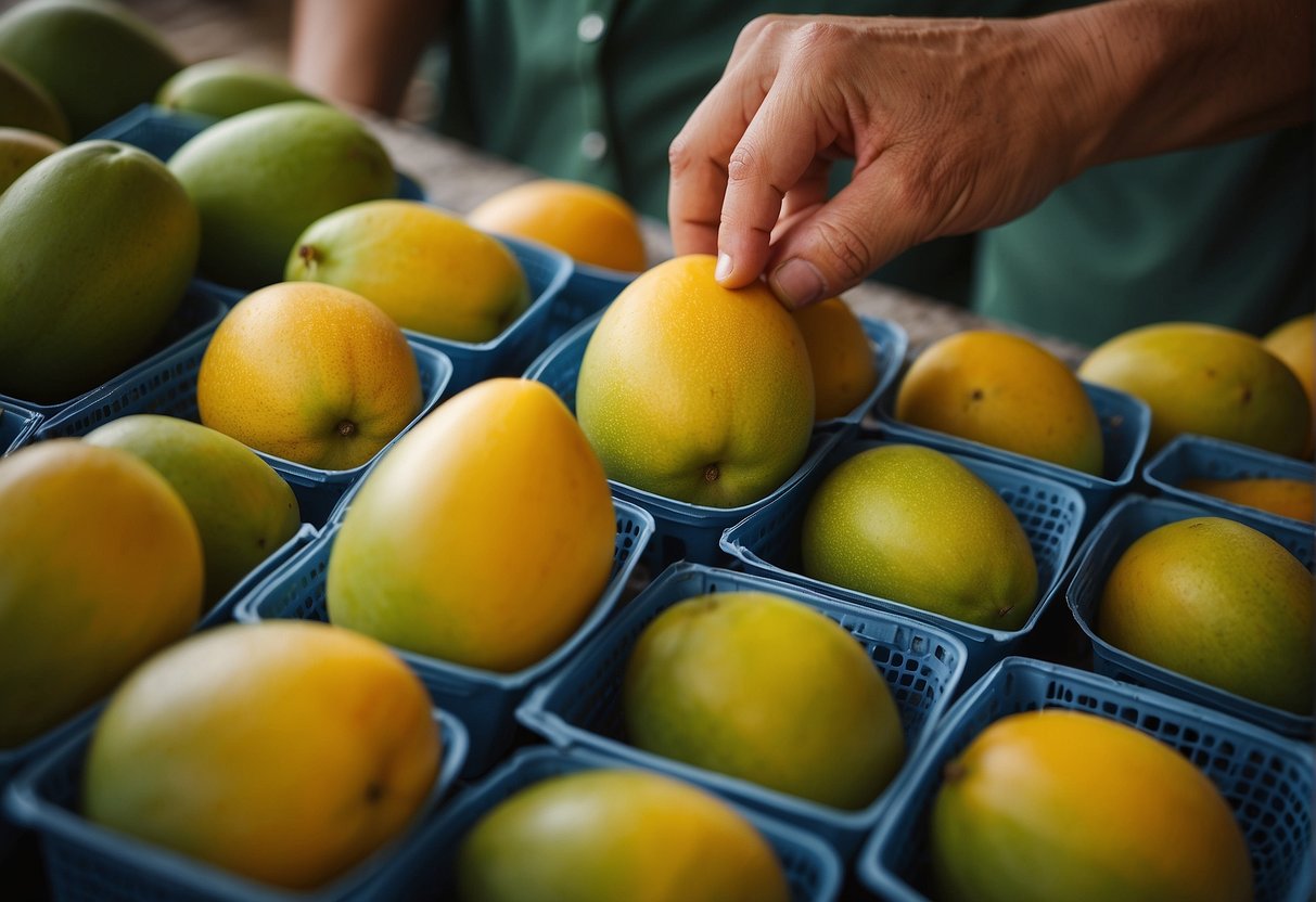 Texas mangoes being picked and sorted, then processed into various products like jams and juices