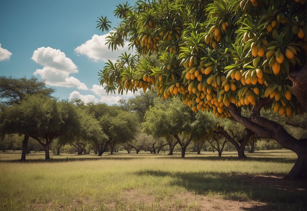 Lush Texas landscape with a thriving mango tree, laden with ripe fruit