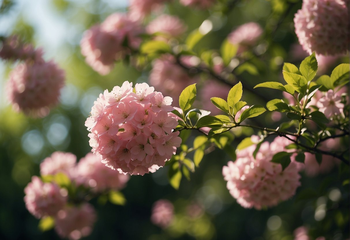 Pink flowering trees stand tall, their delicate blossoms swaying in the gentle breeze. The vibrant pink petals create a stunning contrast against the lush green leaves, evoking a sense of tranquility and beauty