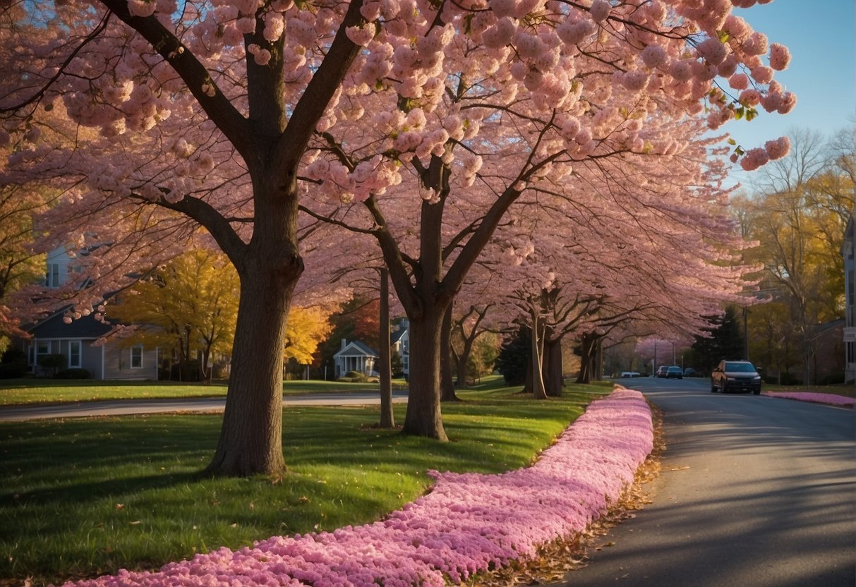 Pink flowering trees line the streets of Connecticut, creating a stunning display of seasonal beauty. The delicate blossoms cover the branches, creating a vibrant and picturesque scene