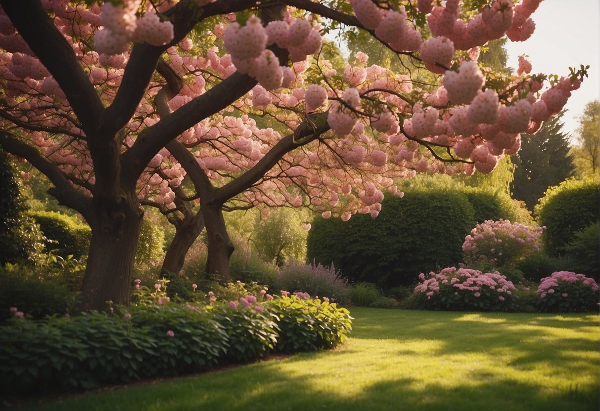 A lush garden with vibrant pink flowering trees in full bloom, surrounded by greenery and bathed in warm sunlight