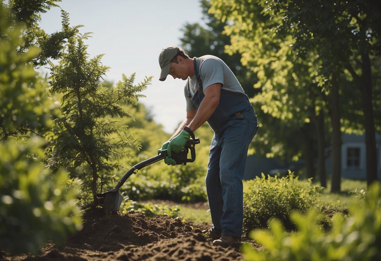 A gardener trims branches and fertilizes soil around fast-growing trees in Illinois for optimal growth