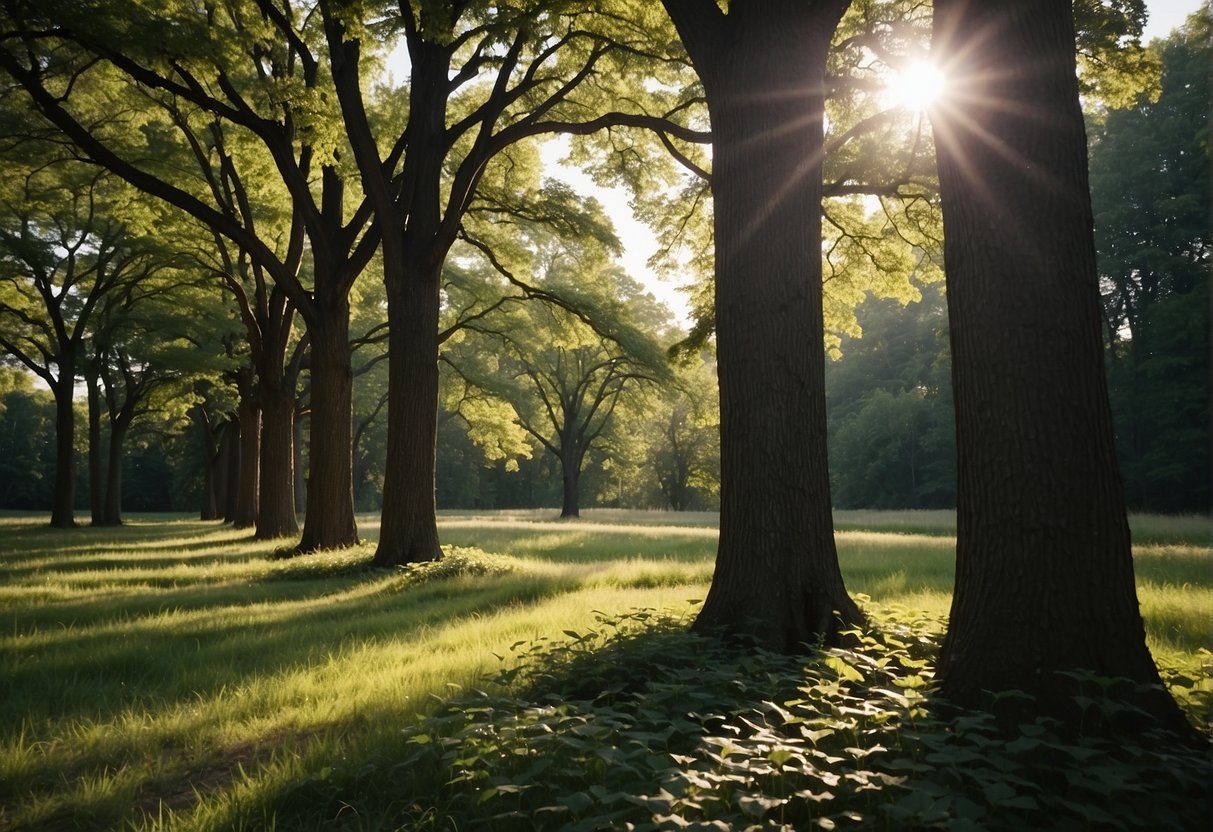 A variety of fast-growing trees flourish in Illinois, including oak, maple, and pine. The trees stand tall and strong, with lush green leaves and sturdy trunks