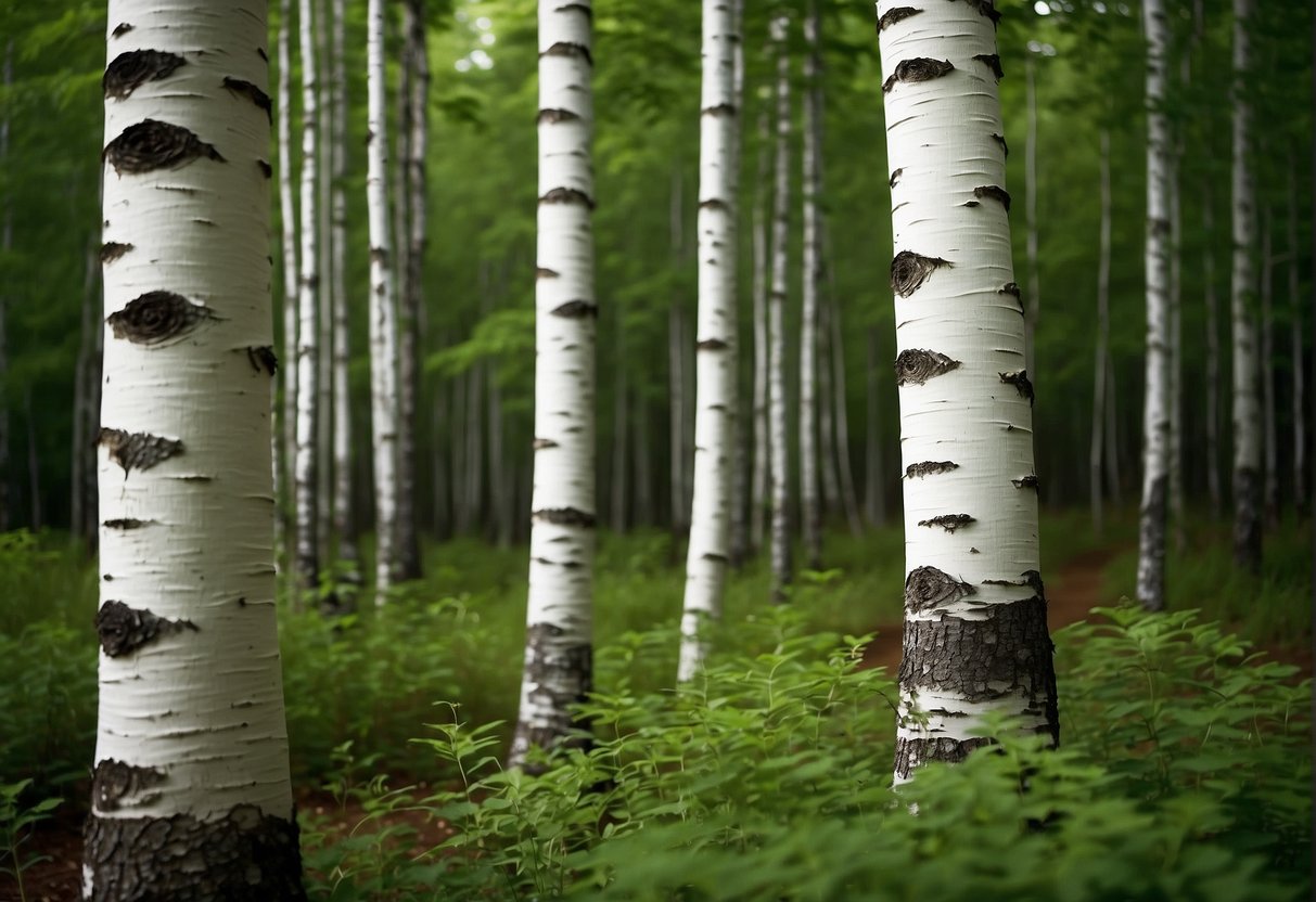 Birch trees stand tall in the lush forests of Maine, their white bark contrasting against the vibrant green foliage. The trees thrive in the cool, moist climate, with their roots reaching deep into the rich, acidic soil