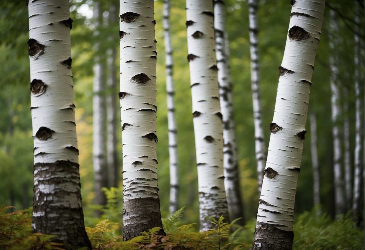 Birch trees stand tall in the Maine forest, symbolizing cultural and historical significance. Their white bark and delicate leaves tell the story of the land