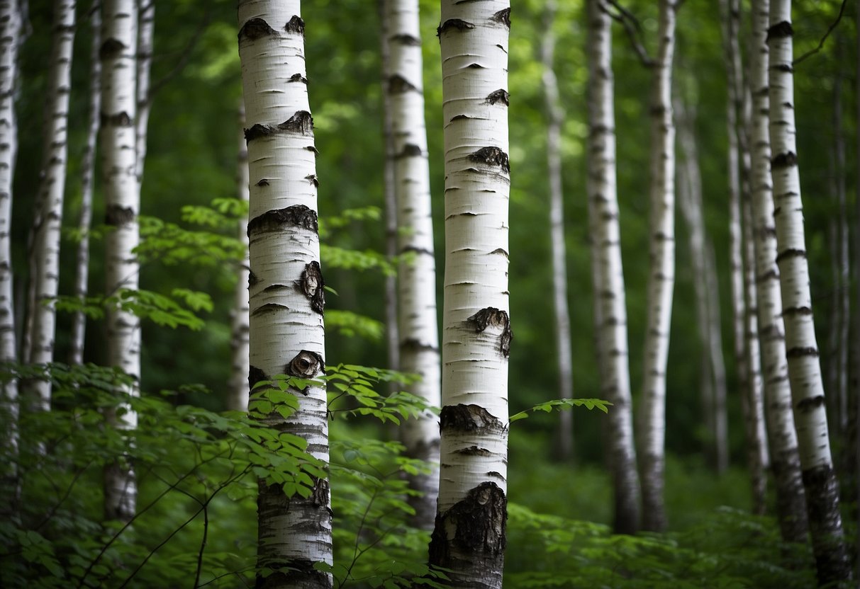 Birch trees stand tall in a Maine forest, their white bark contrasting against the lush green foliage. The trees face conservation challenges as they provide habitat for various wildlife species