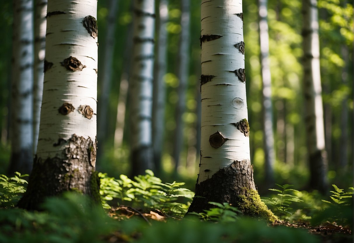 Birch trees stand tall in a dense Maine forest, their white bark contrasting against the vibrant green foliage. The sunlight filters through the leaves, casting dappled shadows on the forest floor