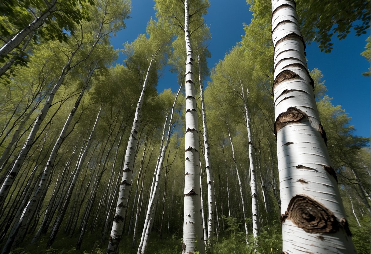 Tall birch trees stand against a clear blue sky in the Maine wilderness. The white bark of the trees contrasts sharply with the surrounding green foliage