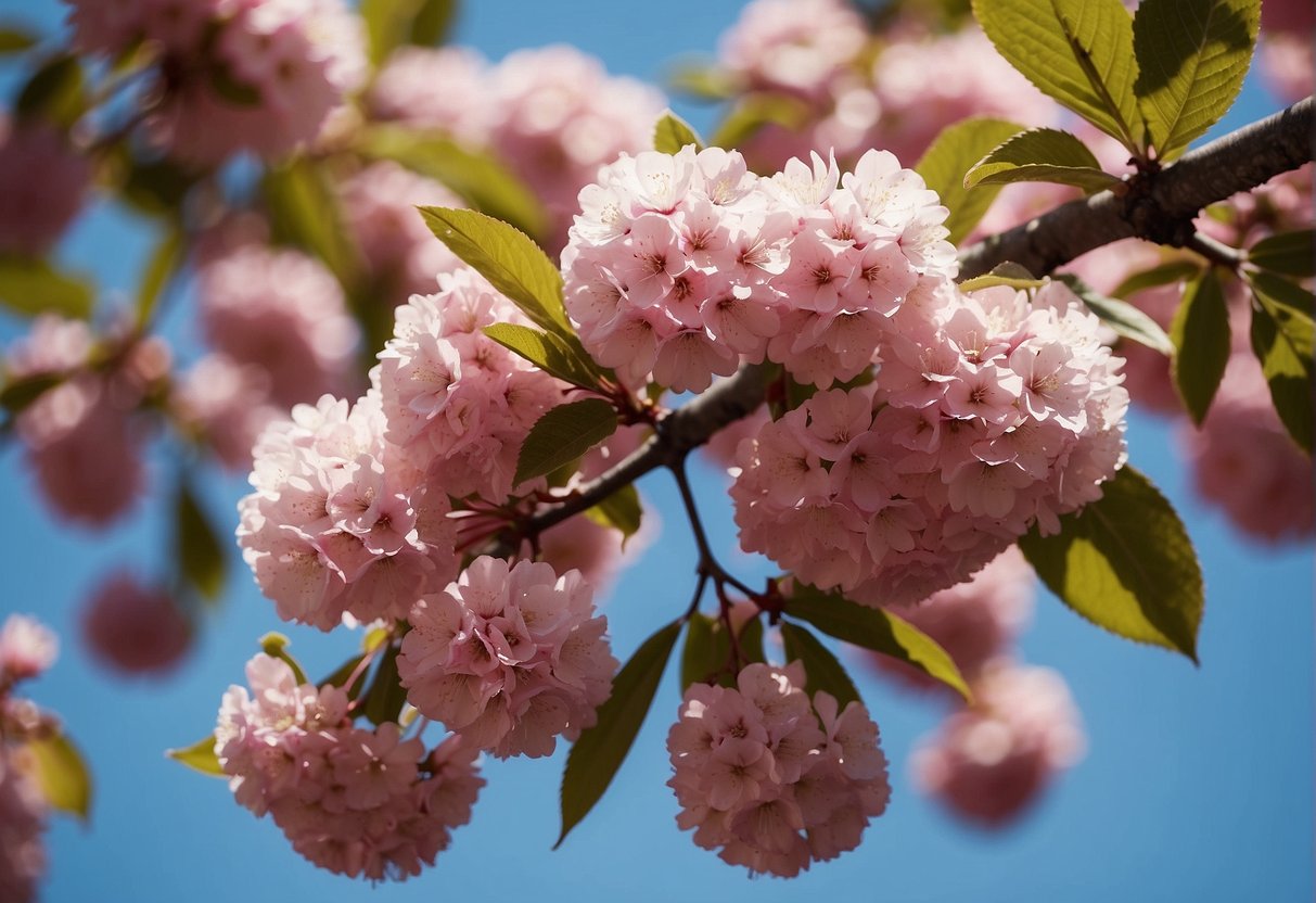 A vibrant scene of pink flowering trees in Indiana, with blossoms in full bloom against a clear blue sky