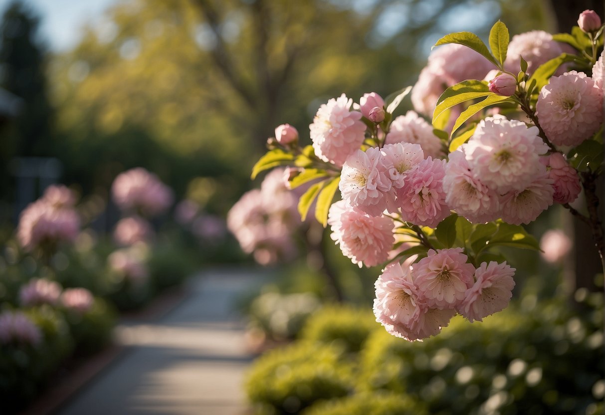 Pink flowering trees bloom in an Indiana garden. A gardener tends to them with care, cultivating the vibrant blossoms