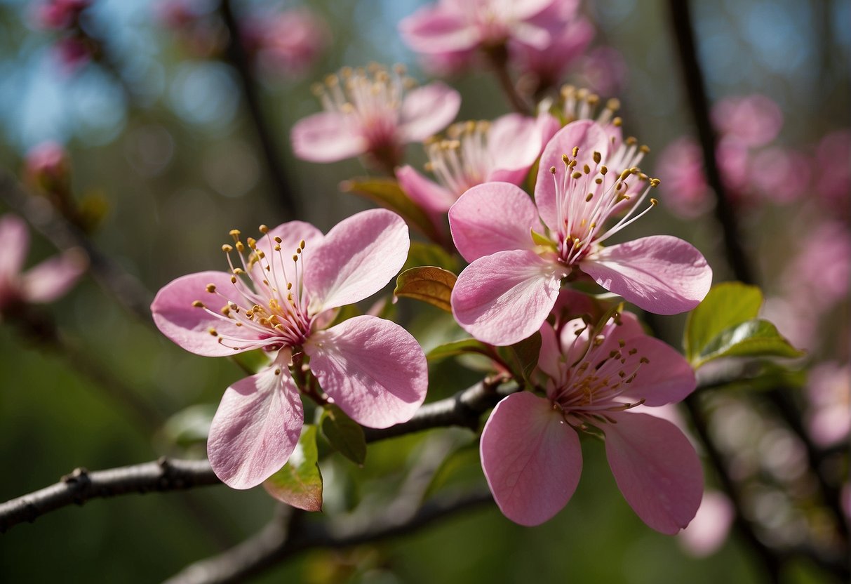 Pink flowering trees bloom in Indiana, attracting wildlife like birds and bees. The trees provide ecological benefits, such as oxygen production and habitat for animals