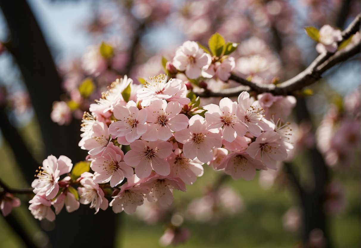 Pink flowering trees dot the Indiana landscape, adding a burst of color to the greenery. The delicate blossoms create a picturesque scene, with the trees swaying gently in the breeze