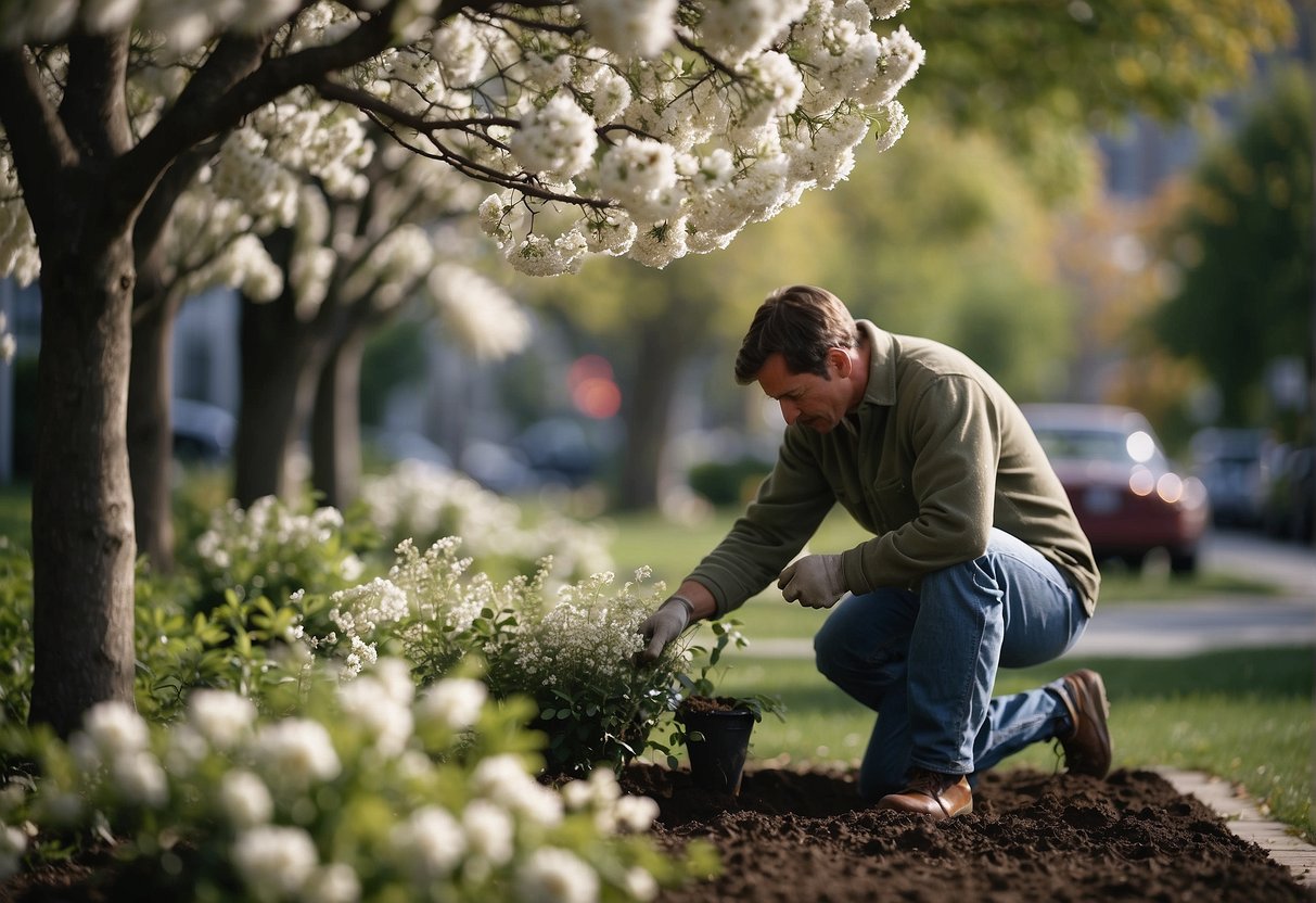 A person planting and maintaining flowering trees in Delaware