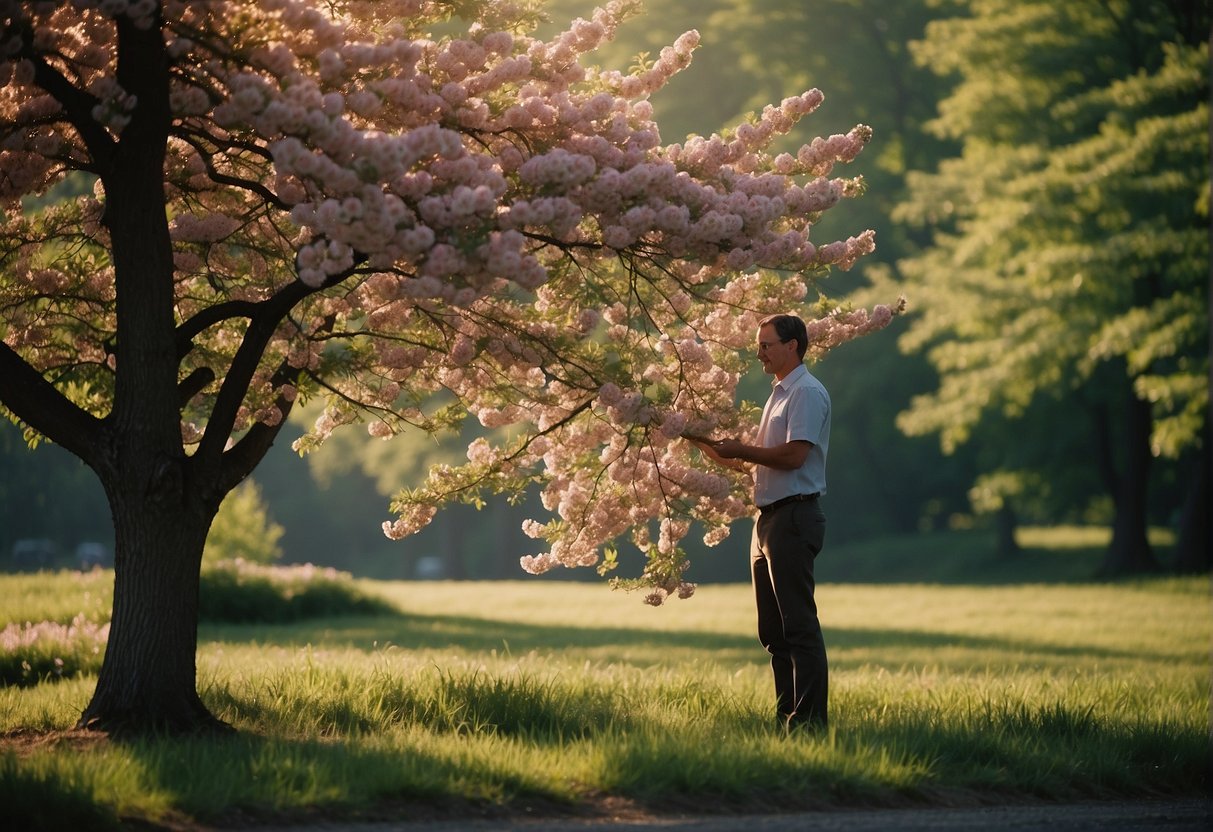 A person carefully selects a flowering tree in a Delaware landscape. The tree's vibrant blooms stand out against the greenery