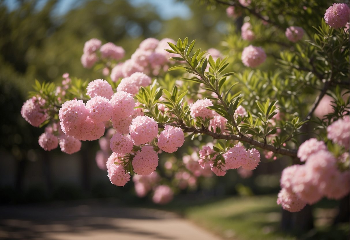 A Texas tree with pink flowers is being carefully cultivated and cared for in a sunny garden