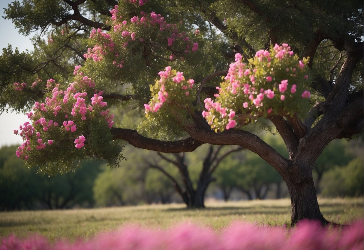 A lone Texas tree stands tall, adorned with vibrant pink flowers in full bloom