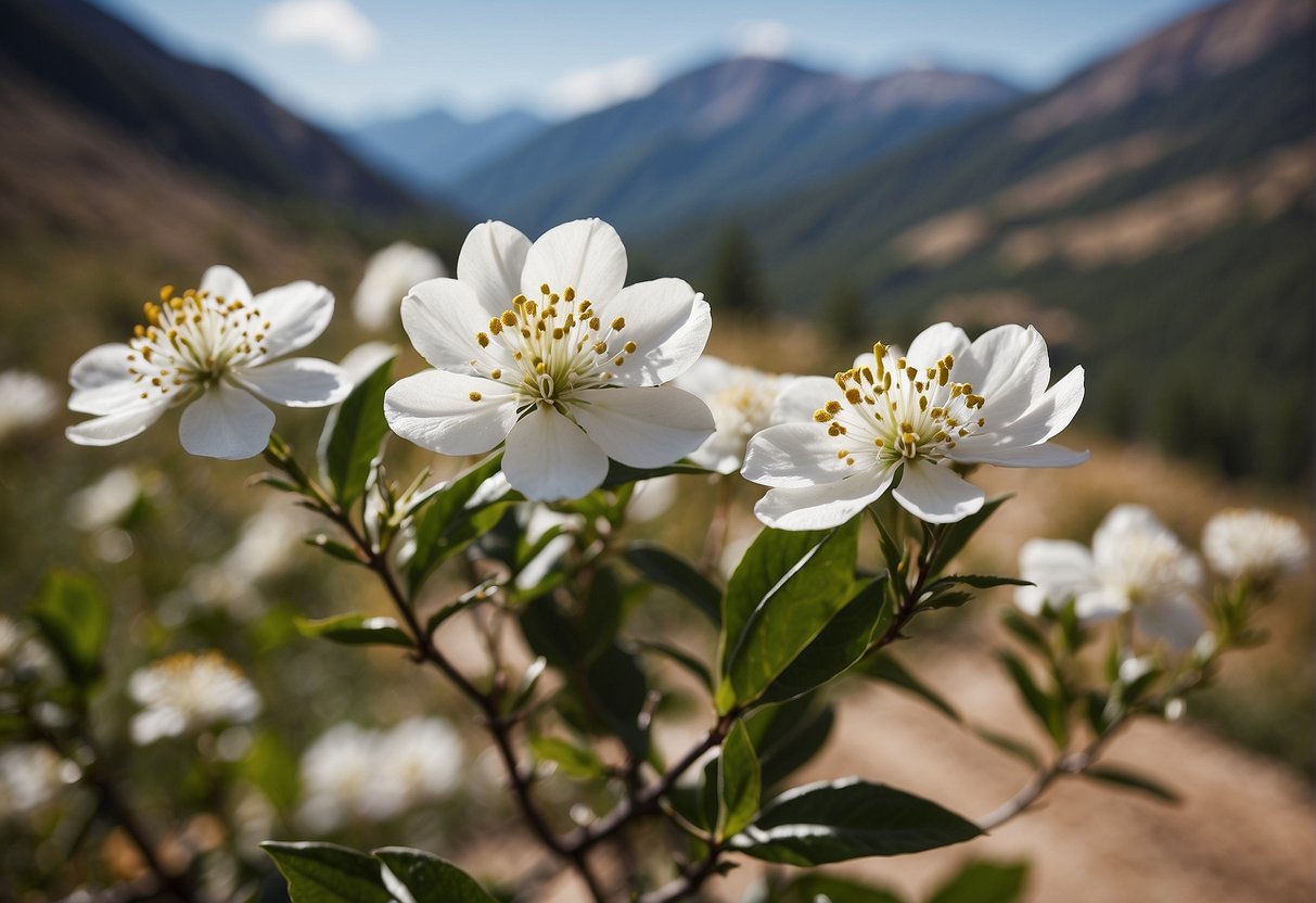 A white flower tree blooms against the backdrop of the Colorado mountains