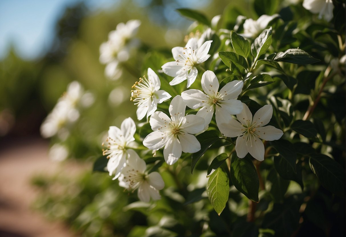 A white flower tree grows in a serene Colorado garden, surrounded by carefully tended soil and lush green foliage