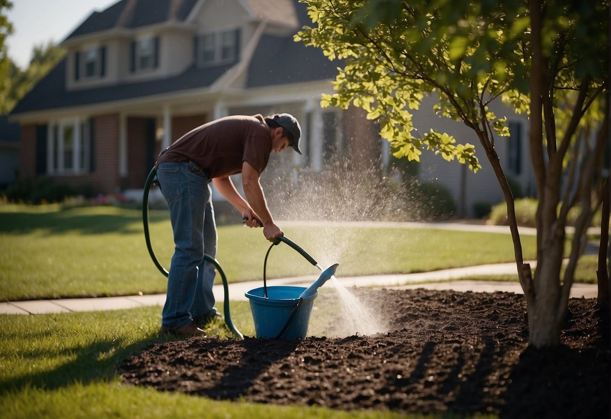 A person watering a fast-growing shade tree in Illinois with a hose and a bucket of mulch nearby